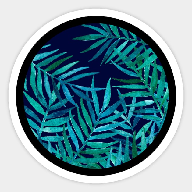 Watercolor Palm Leaves on Navy Sticker by micklyn